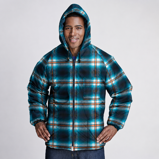 Tyali Blanket-Inspired Plaid Hooded Puffer Jacket