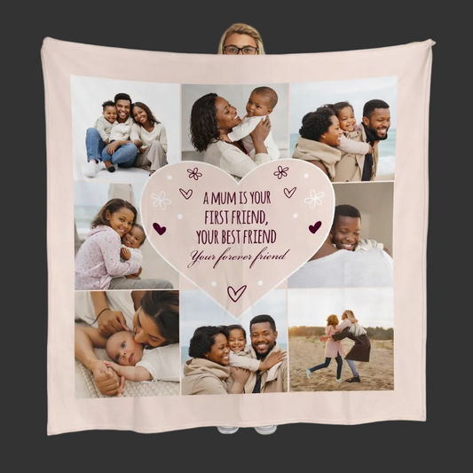 Personalised photo blanket with heart design and text, featuring family photos.