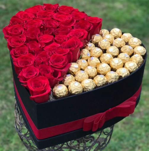 Heart Box With Half Red Roses And Half Chocolate